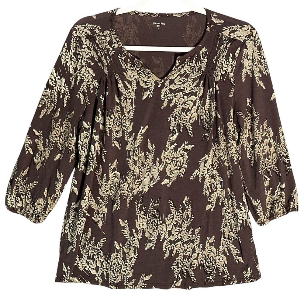 Garnet Hill Sz S Wheat Print 3/4 Sleeve Tunic Top Tencel Split Neck Ruched Flowy